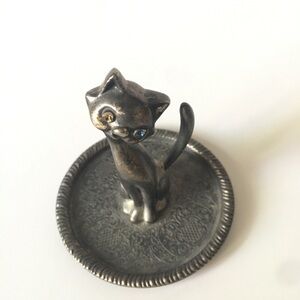 Vintage Cat Kitten Rhinestone Eyes EP Zinc Alloy Silver Ring Holder Trinket Tray